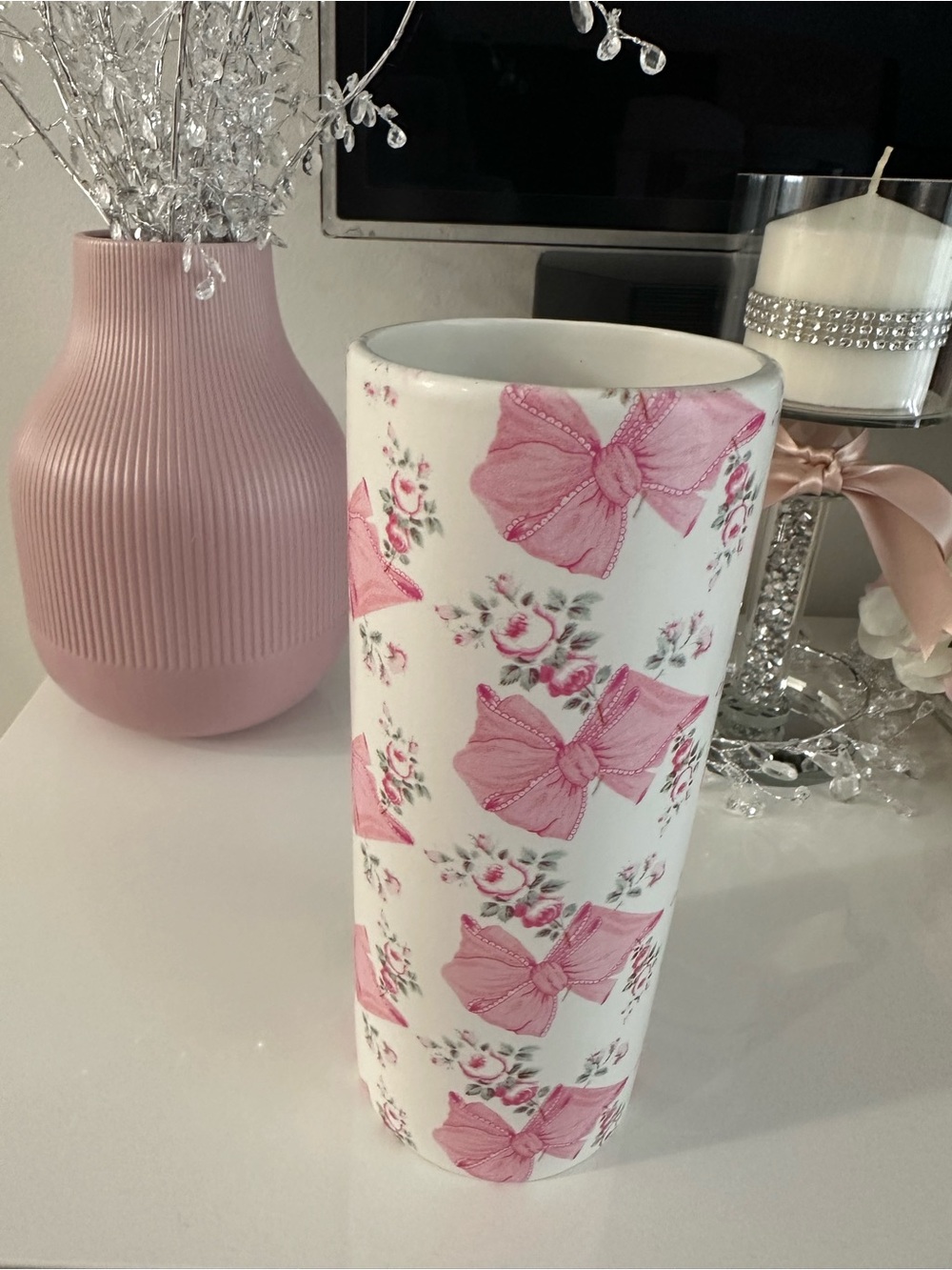 Decorative Pink Bow Ceramic Vase - Home Accents